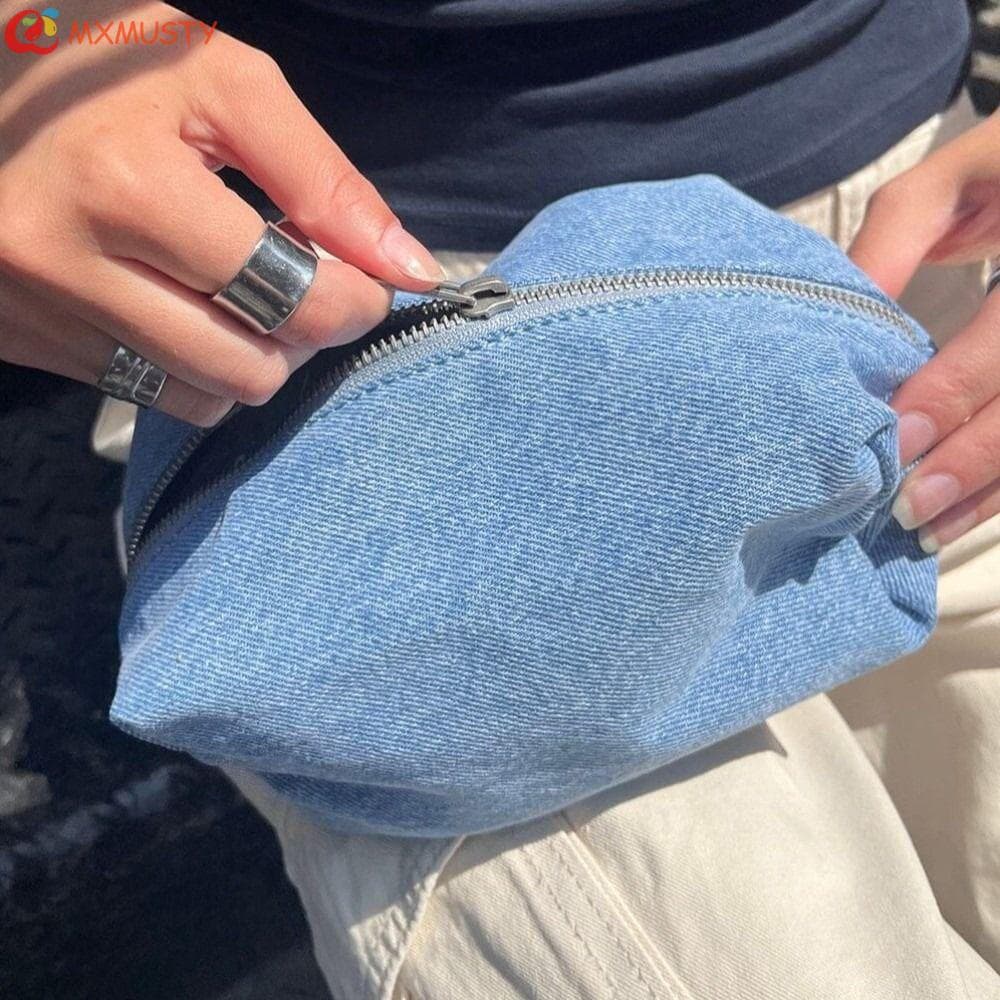 Bolsas Cosméticas MXMUSTYZA Jean , Bolsa De Maquiagem Jeans Azul Com Zíper De Cor Sólida Lápis De Estudante Estilo Corea