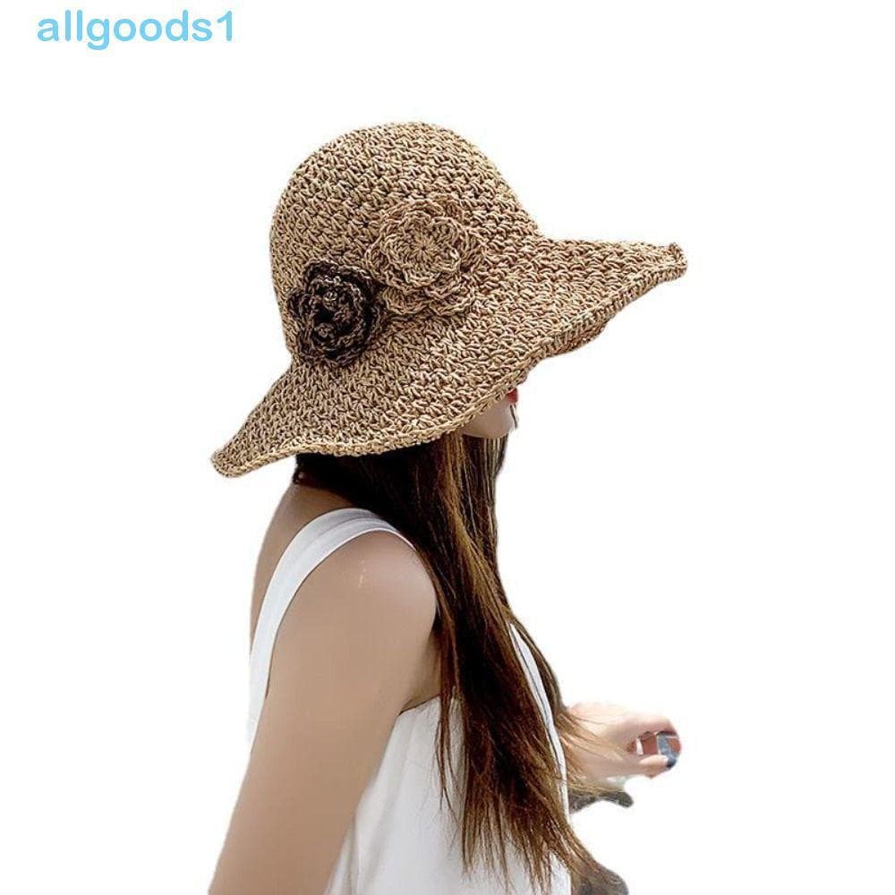 Chapéu De Palha ALLGOODS Lafite , Sol Dobrável Com Aba Larga E Flor , Boné De Praia Balde Ha Estilo Coreano