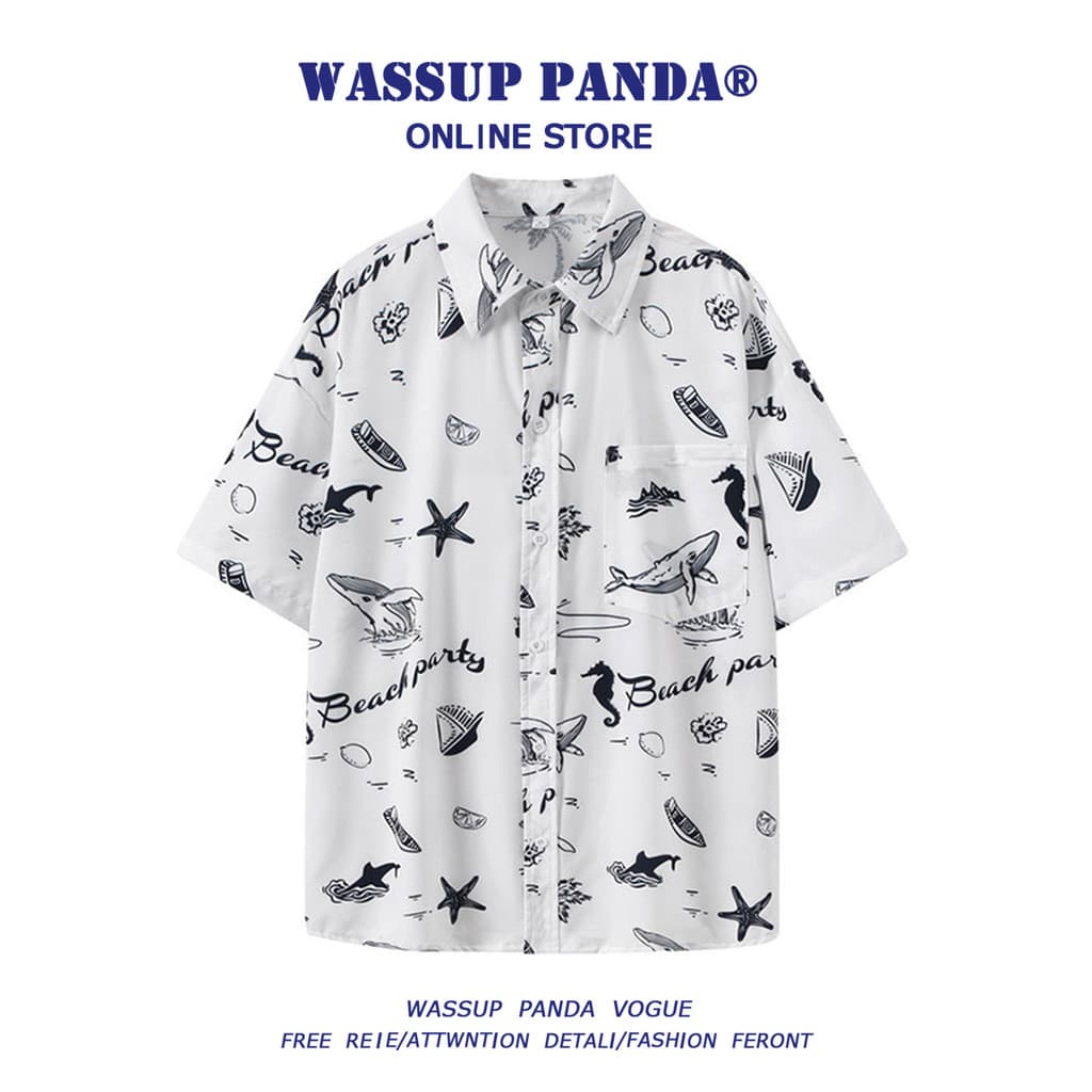 WASSUP PANDA estampado gelo seda praia camisa de manga curta masculina verão beira-mar havaí férias camisa jaqueta