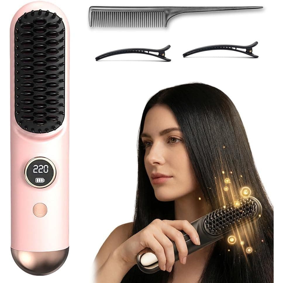 Escova Alisadora de Cabelo, 2026 Nova, 3 Configurações de Calor e Tela LED, Recarregável por USB, Leve e Portátil, para