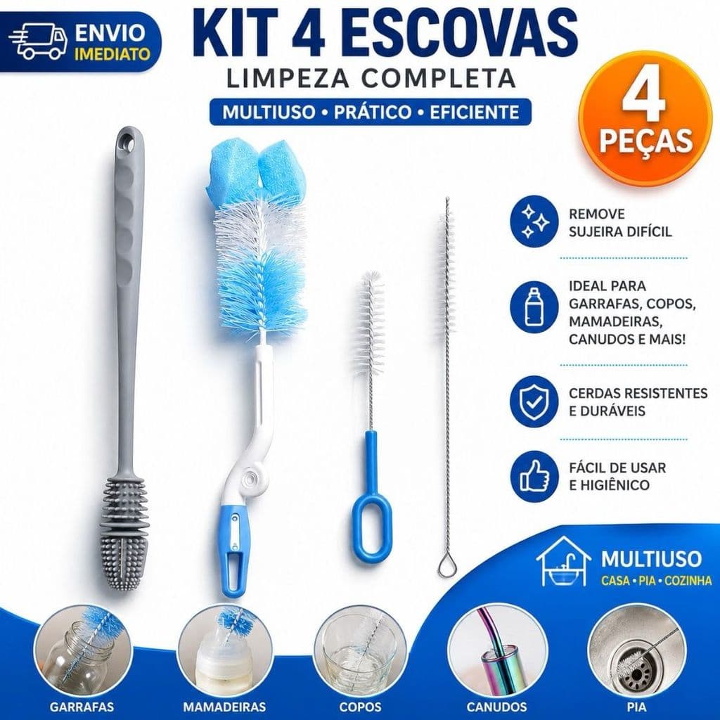 Kit 4 Escovas de Limpeza Multiuso para Garrafa Copo Mamadeira Canudo Pia Cozinha Escova Longa Lava Louça