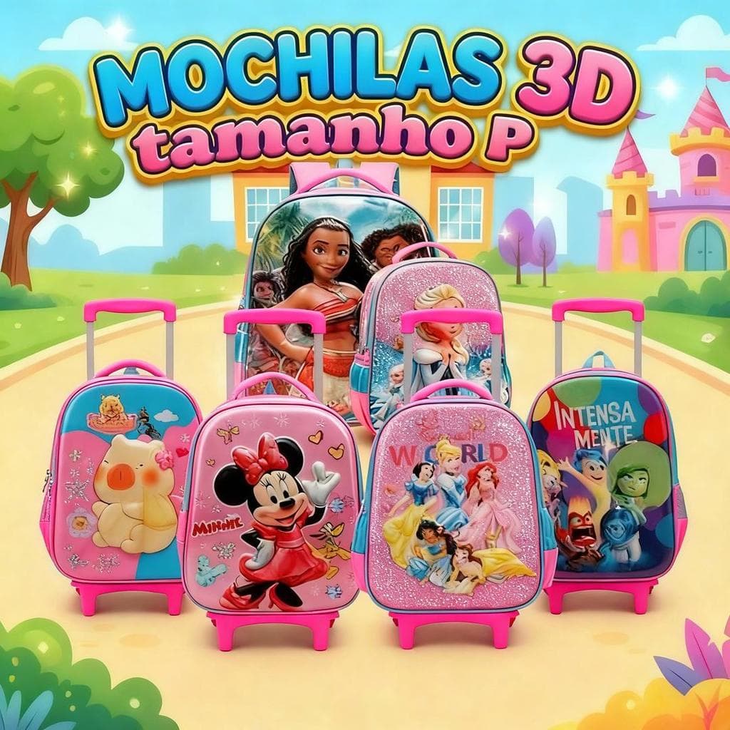 MOCHILA ESCOLAR DE RODINHAS MENINOS E MENINAS 35 CM IMPORTADAS 3D
