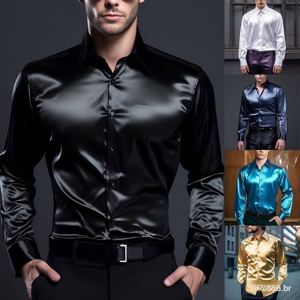 (Em Stock) Casual Botão De Seda De Cetim Camisa Slim Fit Festa Camisas De Manga Longa