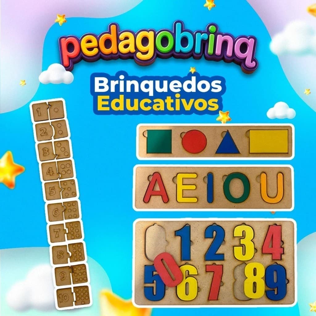 Kit Brinquedo Educativo Pedagógico Colorido Letras Números Formas Geométricas em MDF