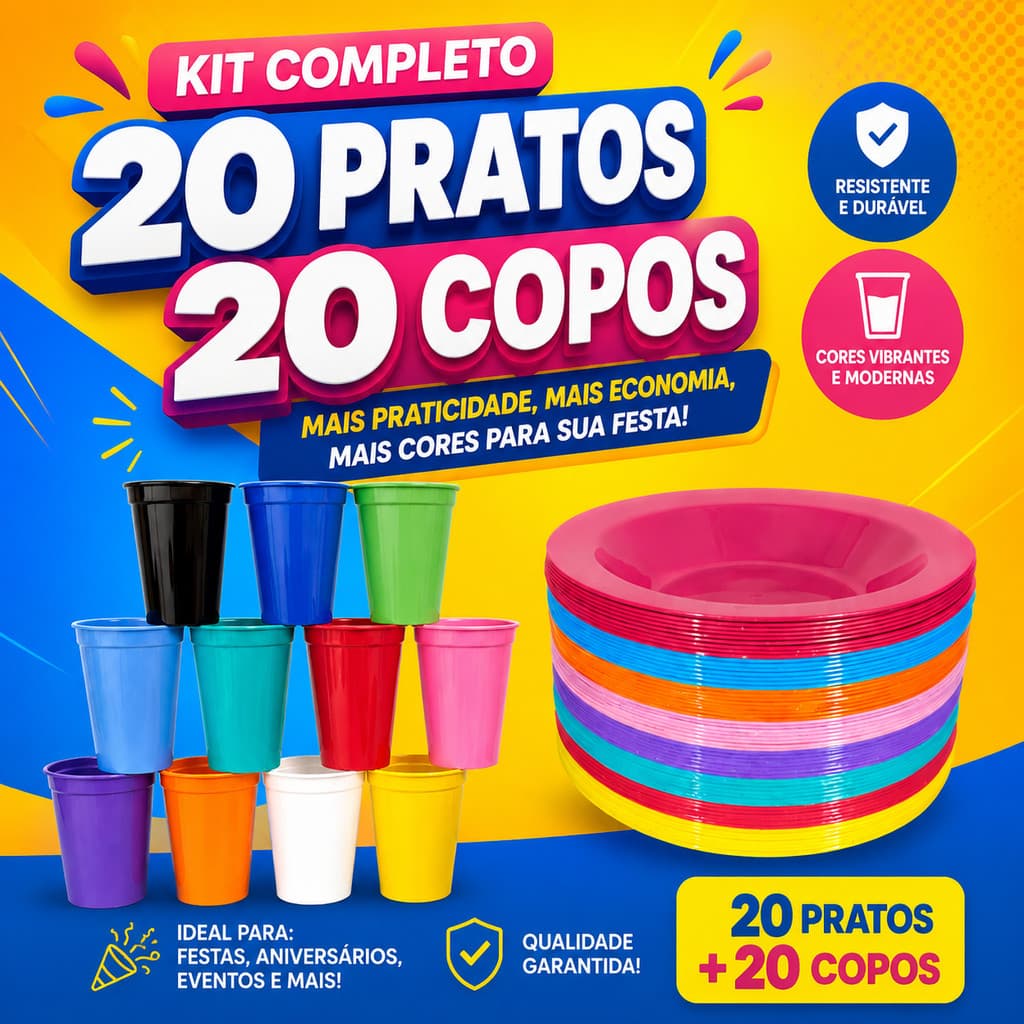 Kit 20 Pratos + 20 Copos 350ML e Pratos Fundos Redondos de Plástico Para Refeições e Alimentação