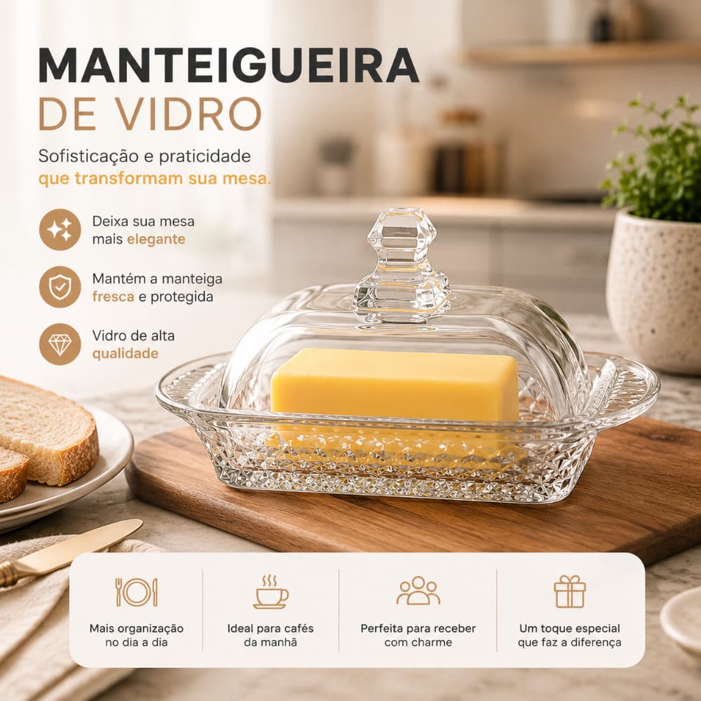 Manteigueira De Vidro Com Tampa E Detalhes Luxuosa Cristal Para Cozinha Porta Manteiga