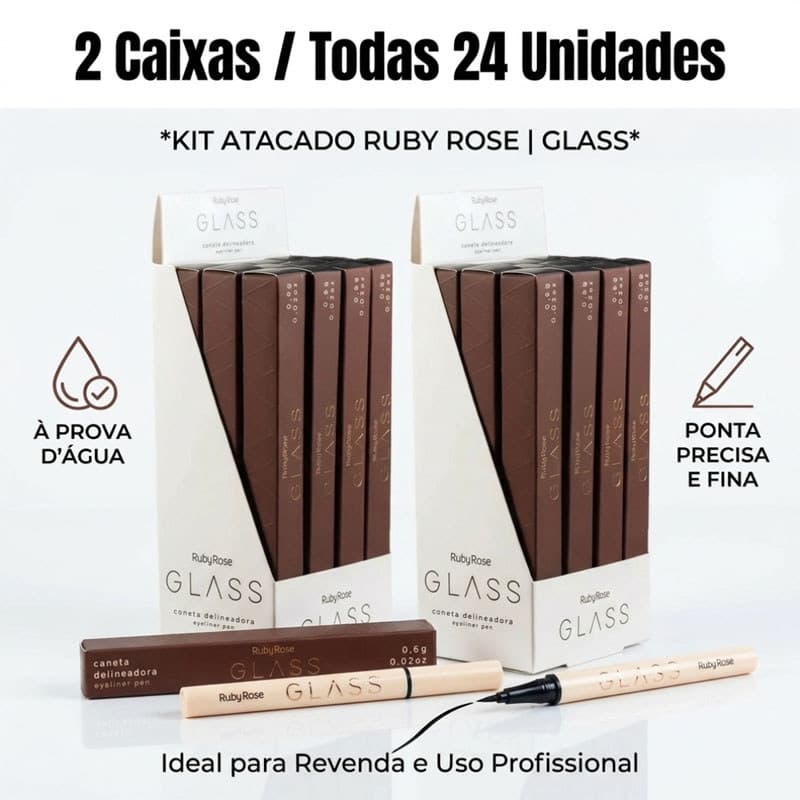 Kit 24 Unidades Caneta Delineadora Ruby Rose GLASS | Ponta Fina À Prova D'água
