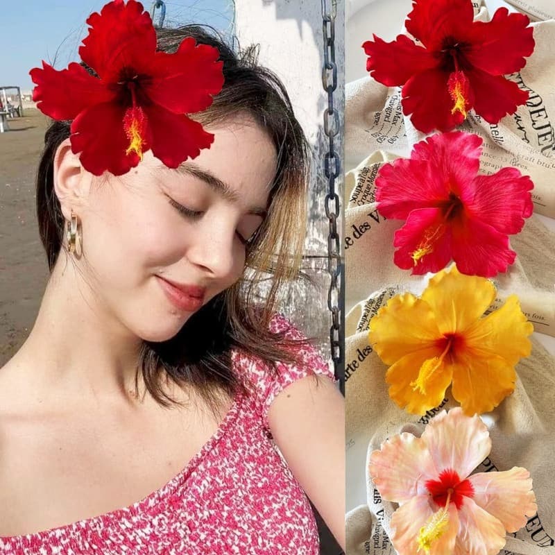 Presilha de Cabelo Floral Havaiano Fuso, Presilha Bico de Pato Estilo Praia, Borlas de Tecido Imitação, Modelo Feminino