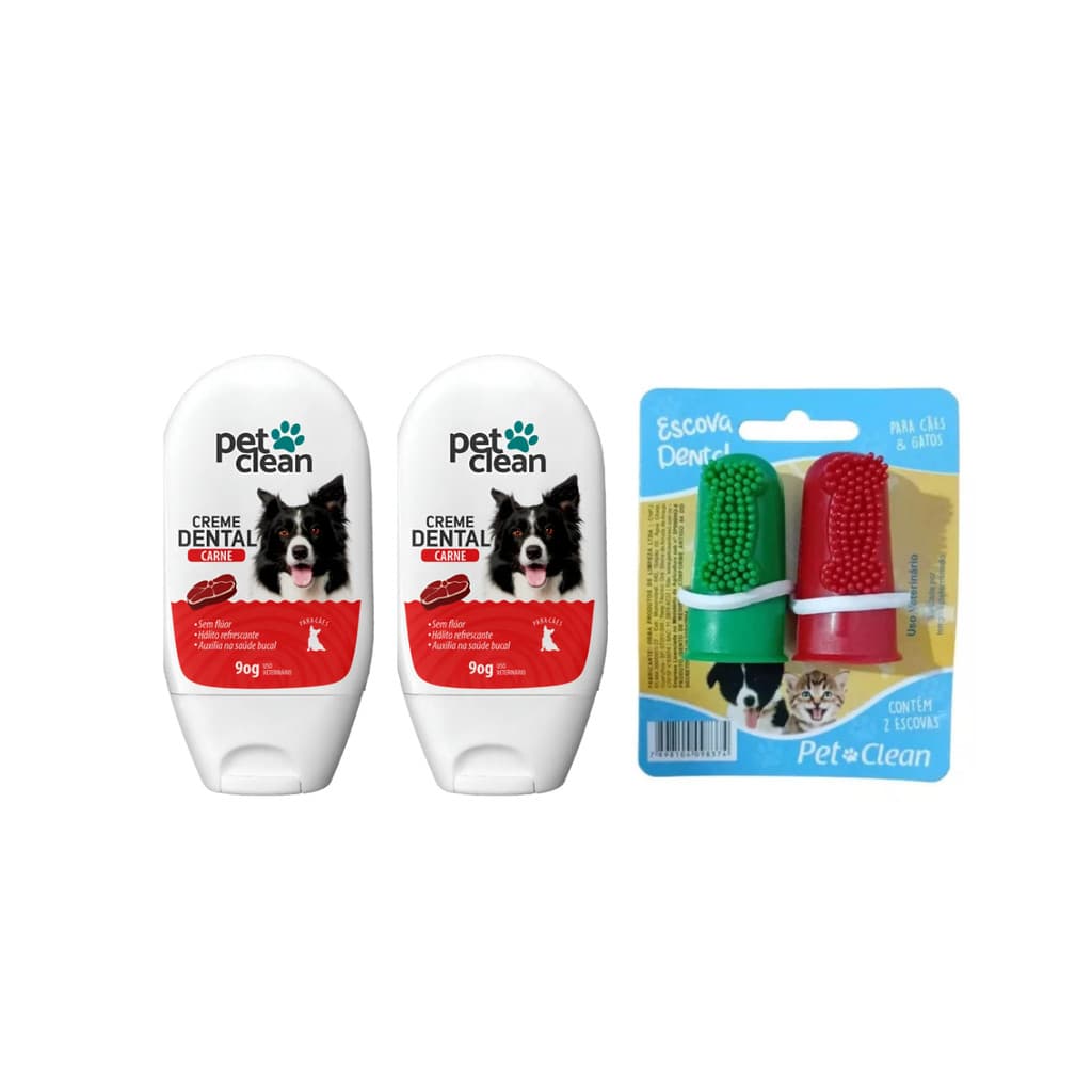 Kit 2 Creme Dental Cães e Gatos Sabor Carne  + 2 escova dental dedeira Pet Clean