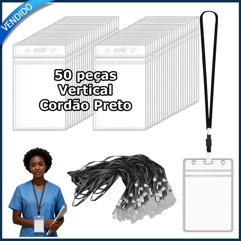 Cordão para crachá com capa para cartão vertical transparente em plástico + clipe para cordão preto 50 unidades