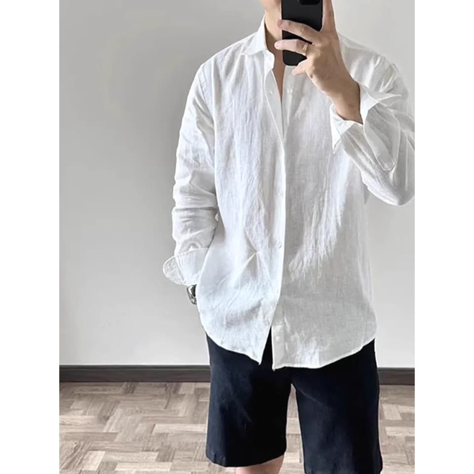 Europeu americano High-End algodão linho enrugado pano camisa masculina solta respirável de manga comprida protetor sola