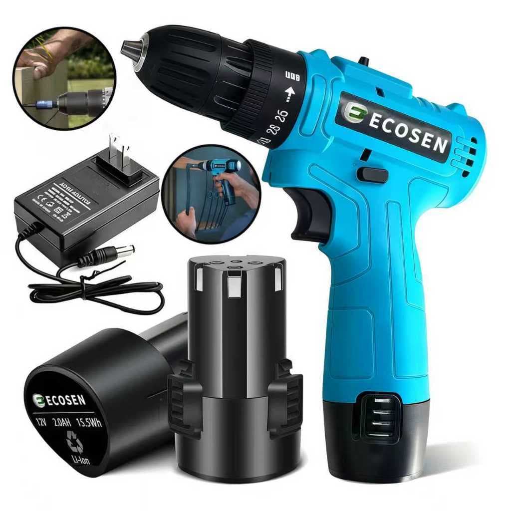 12V Parafusadeira Furadeira Tipo 3/8 Sem Fio 2x Baterias 12v 2.0 Ah Bivolt Frequência 50/60hz 2 Funções ECOSEN