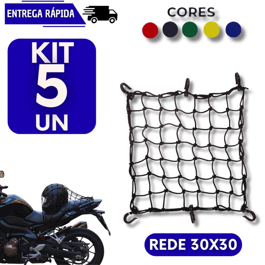 Kit 5 Rede Aranha Elástica Para Capacete Moto Bike Multiuso Bagageiro Alta Resistência Redinha Acessório Ganchos Redes