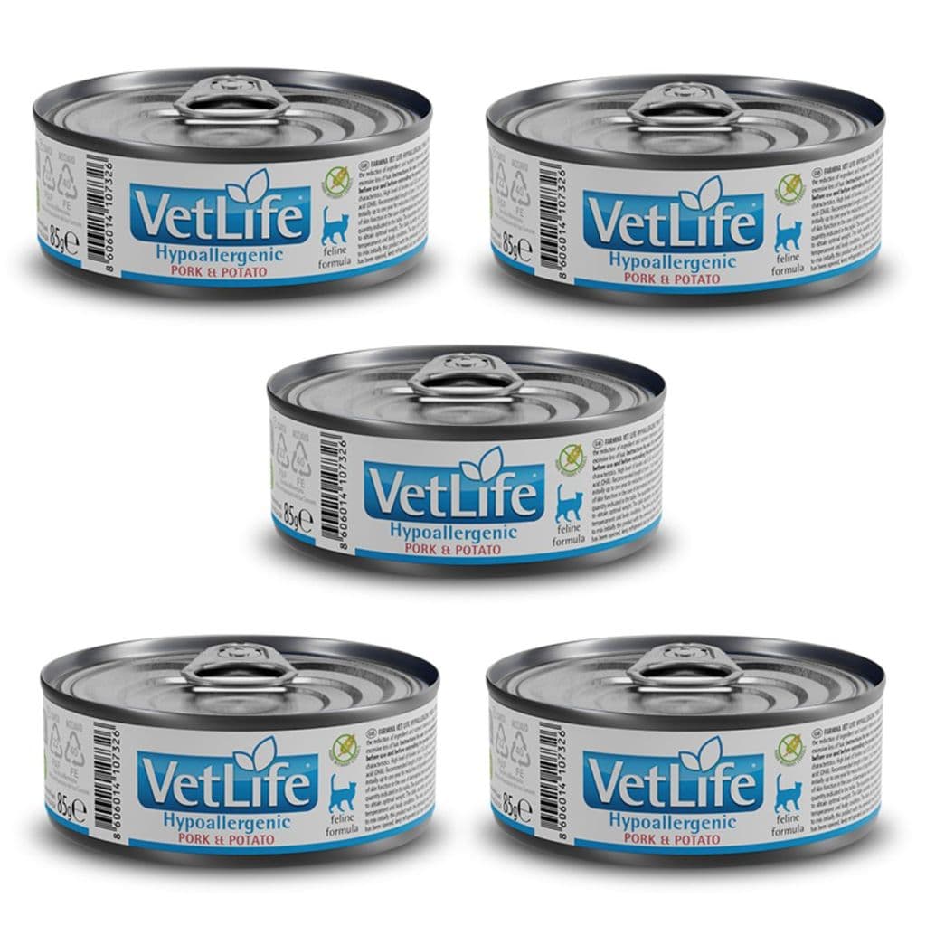 Kit c/ 5 Vet Life Hypoallergenic Pork & Potato Ração Úmida p/ Gatos 85g