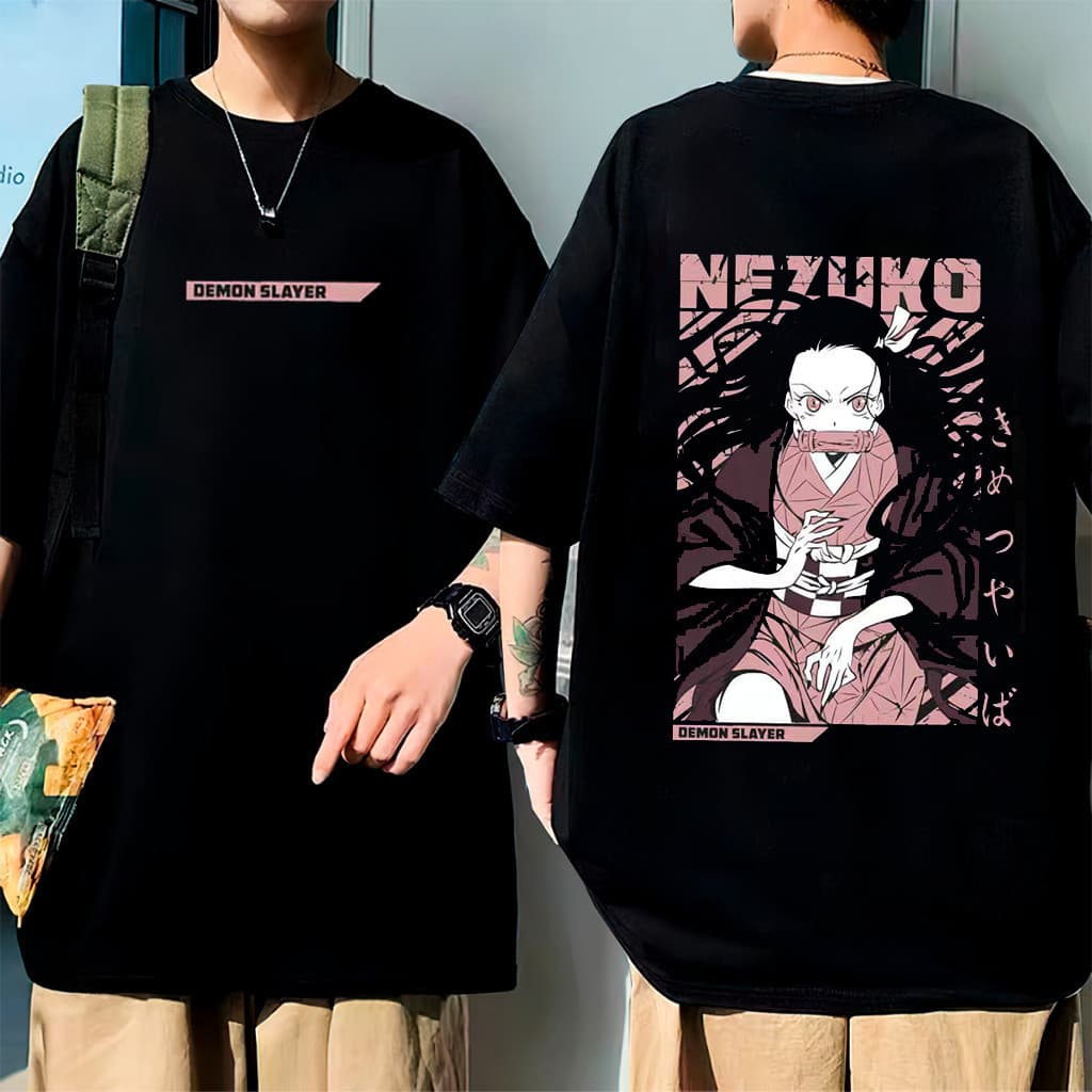 Camiseta Masculina Feminina Oversized Estampa Nezuko Demon Slayer Anime Algodão 100% Casual T-shirt Streetwear Vintage