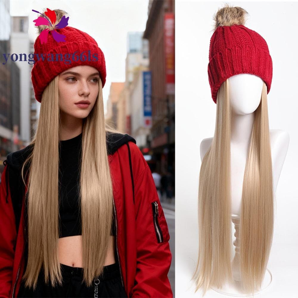 YONGWANG Gorros Chapéu Com Perucas De Cabelo , Malha Sintética Quente , Peruca Natural Longo E Reto