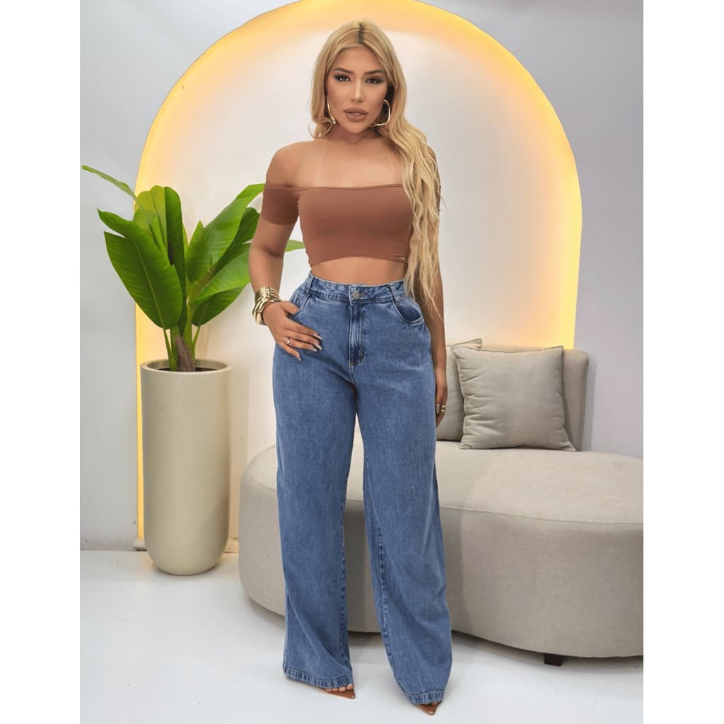 Calça Jeans Wide Leg Feminina Estilo Premium Boca Larga Bahia Moda