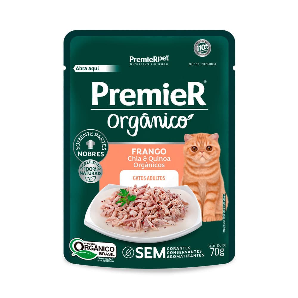 Ração Úmida Sachê Premier Orgânico Gatos Adultos Frango, Chia e Quinoa - 70g