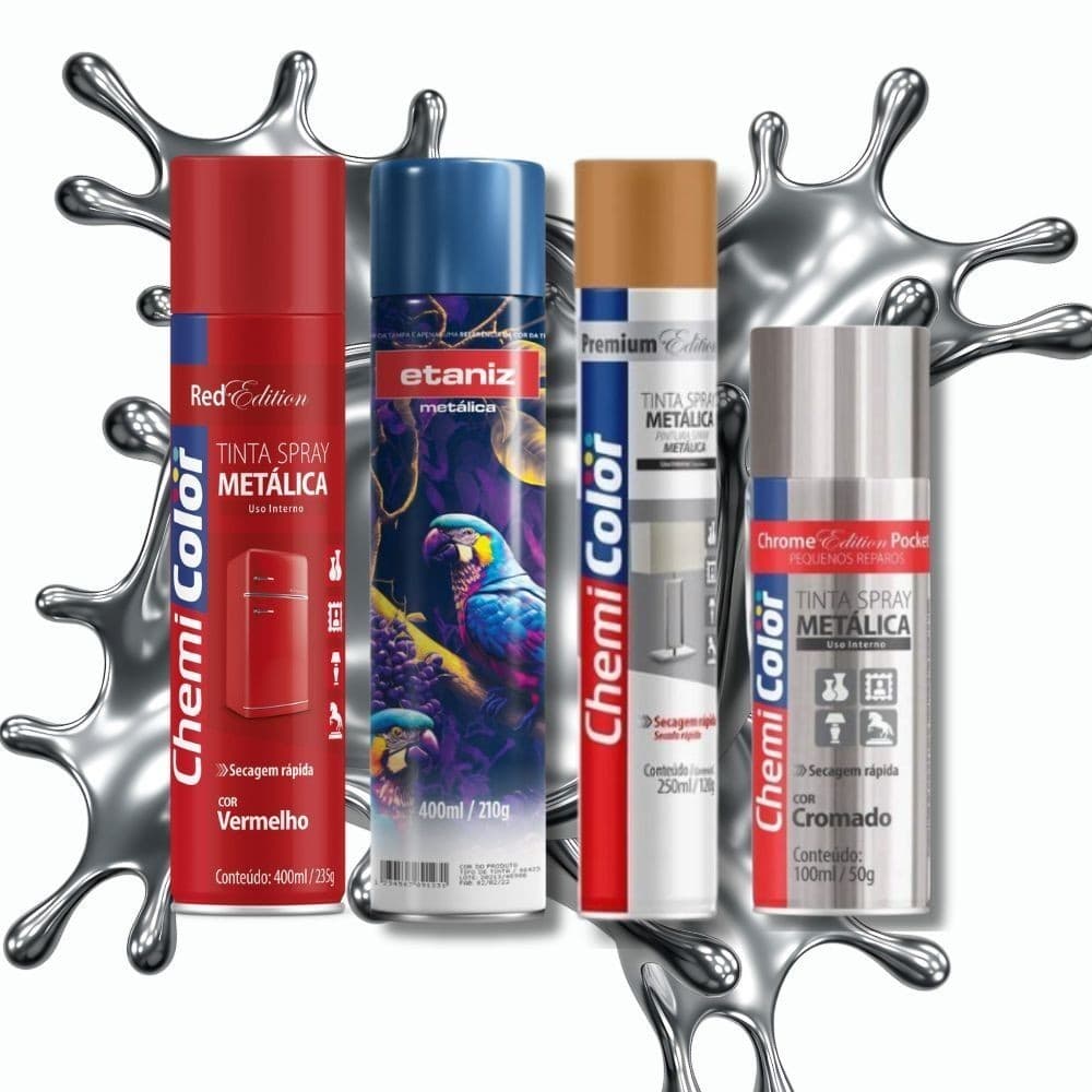 Tinta Spray Cores Metálicas – Chemicolor e Etaniz | Cromado, Dourado, Rosé e mais (100ml a 400ml)