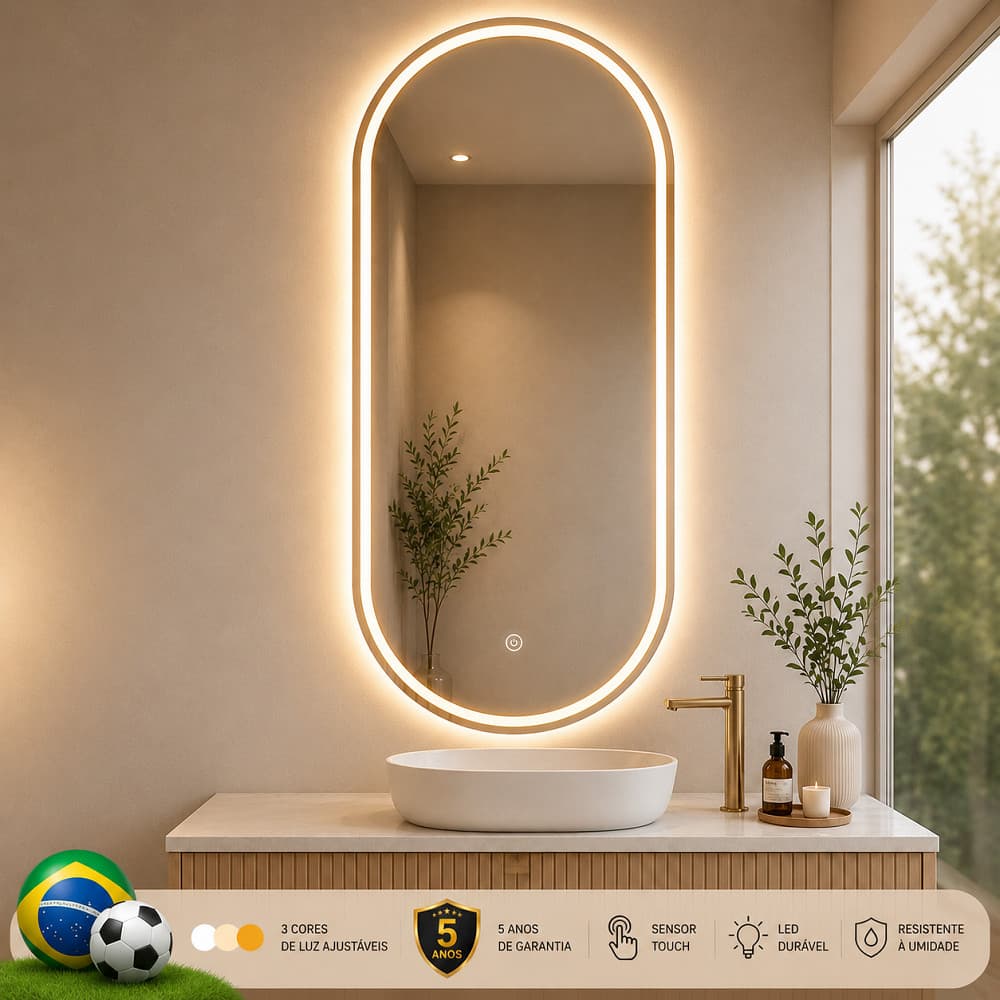 Espelho Oval Espelho de banheiro 3 Cores LED com Iluminação Quente/Fria - 50x70/60x80cm, Decorativo e Prático