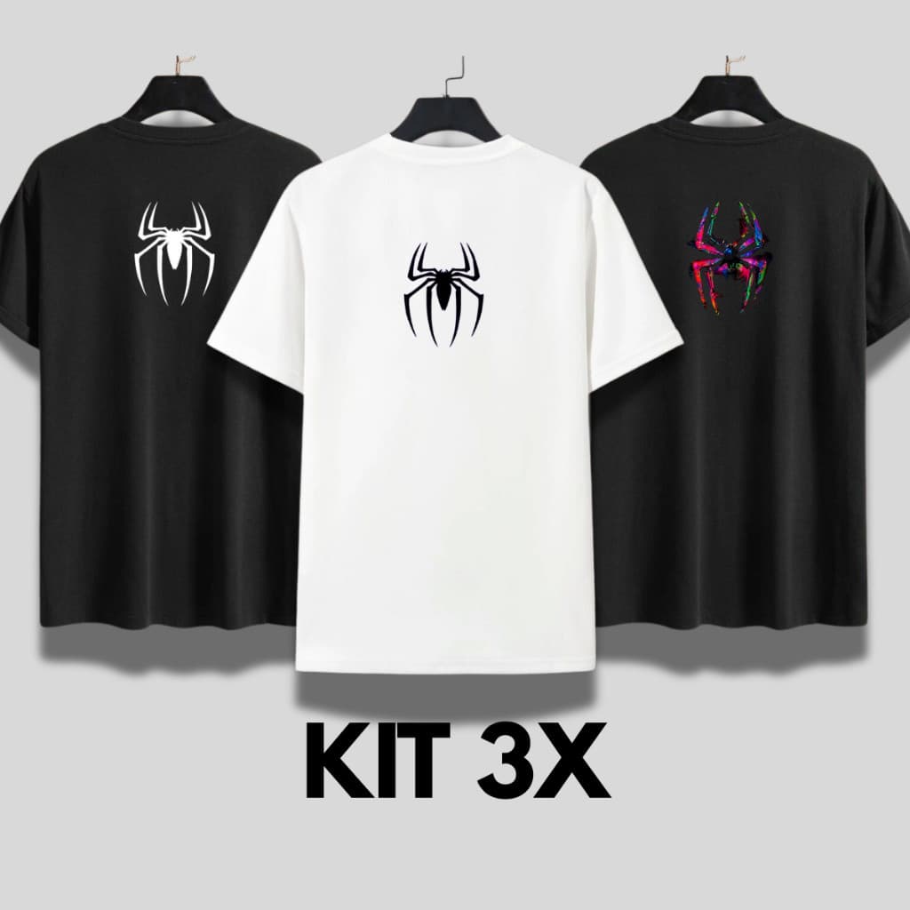 Kit 3 Camiseta Aranha Básica Masculina Unisex Slim Camisa Algodão 30.1 Homem Anime Desenh