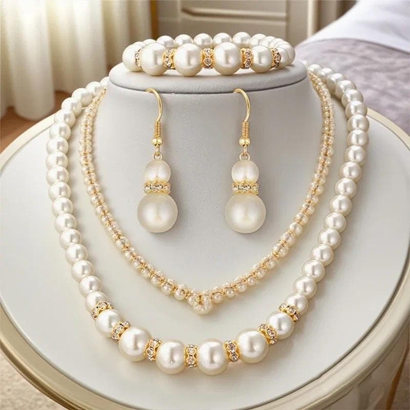 3 Pçs Pérola Cristal Colar Brincos Conjunto Jóias De Noiva Para Presente De Casamento Feminino