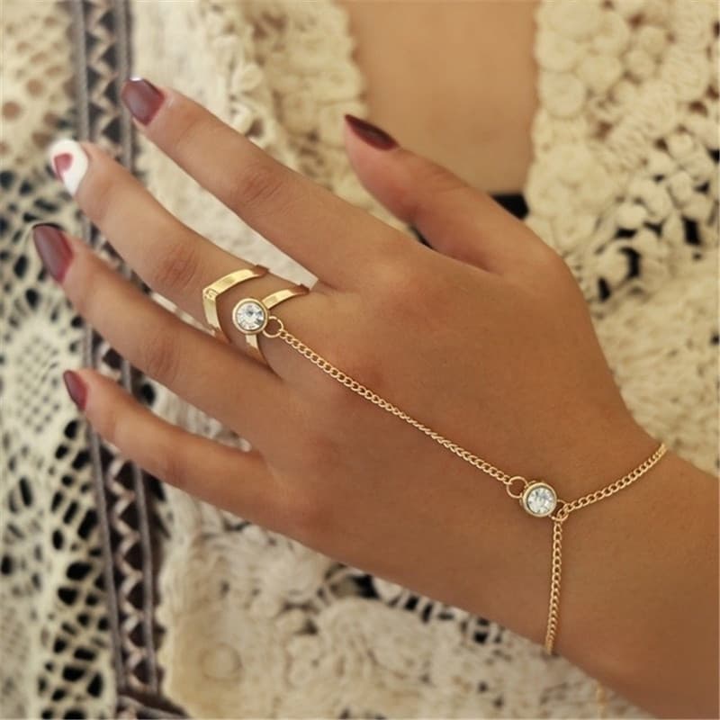 Pulseira De Dedo Escravo De Cristal Boho Retrô Com Corrente De Ouro Acessórios Para Mulheres Meninas & * -