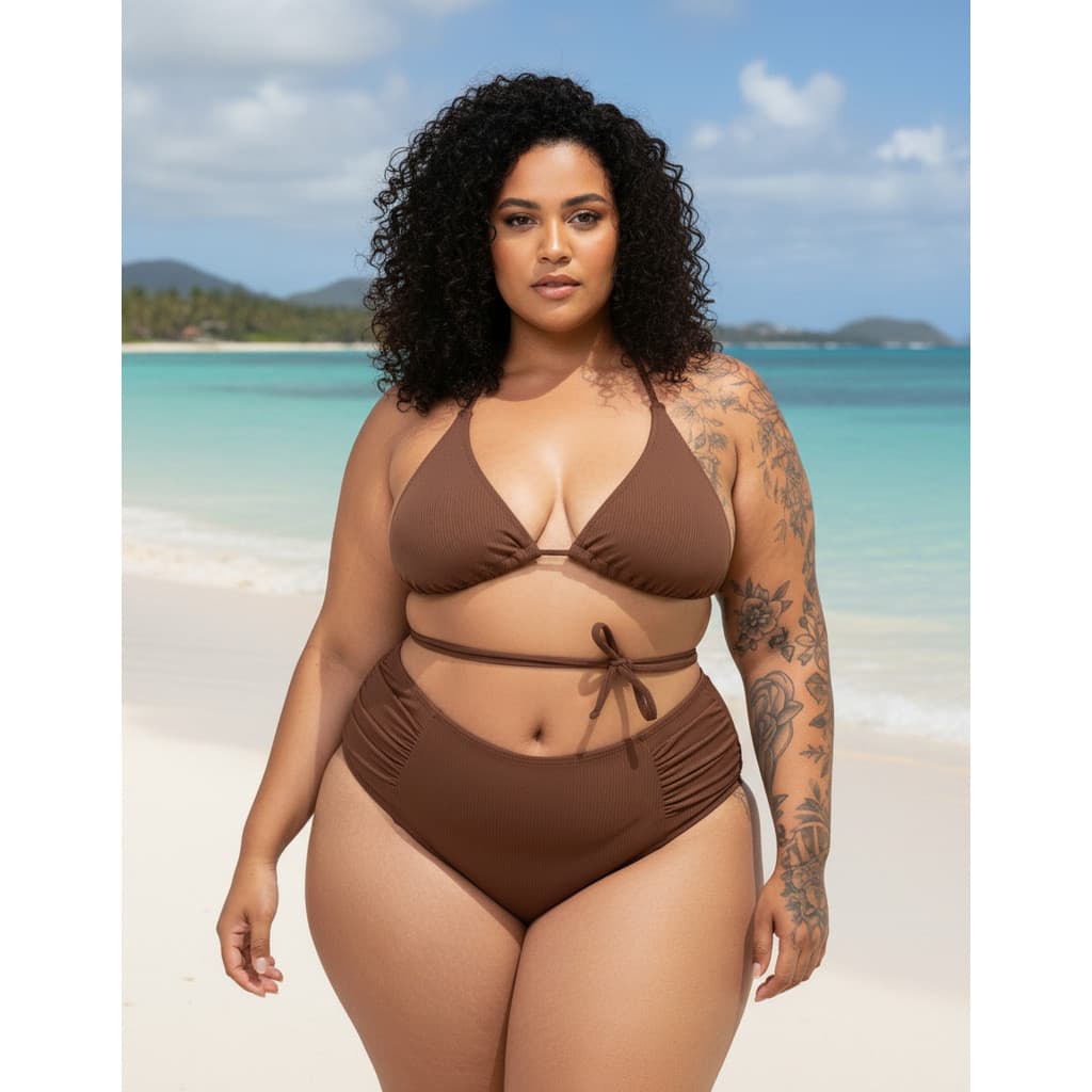 Biquíni Cortininha Plus Size Cintura Alta Feminino Forrado