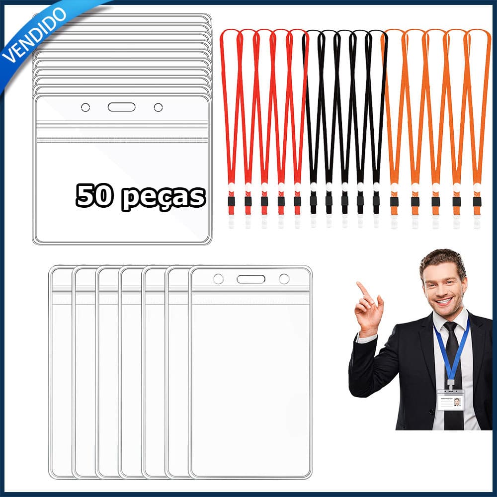 Cordão para crachá com capa para cartão transparente em plástico + clipe para cordão - 50 unidades
