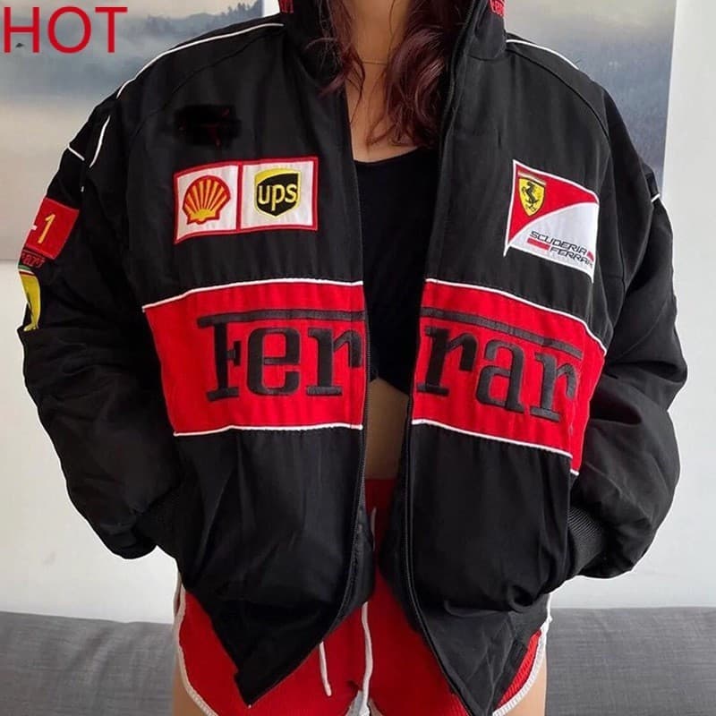 (100% Bordado) Jaqueta de Corrida F1 de Manga Longa, Estilo Retrô de Motocicleta, Equipe Ferrari, Vestuário de Algodão p