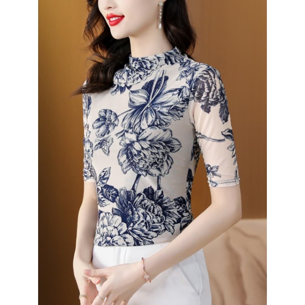 Camiseta de malha com gola meia alta Top Verão Novo estilo Versão coreana Slim-fit Slimmer Look Azul Branco Porcelana Es