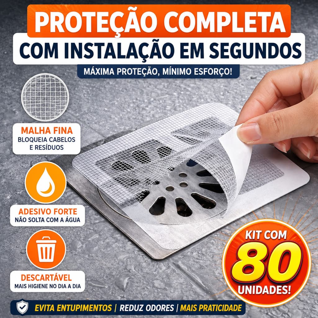 Kit 80 Protetores de Ralo Adesivos – Anti Cabelo, Anti Entupimento e Controle de Odores