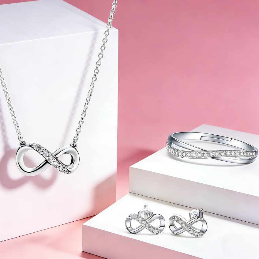 Conjunto de três peças em prata S925, símbolo eterno: colar/anel/brincos WDJ2