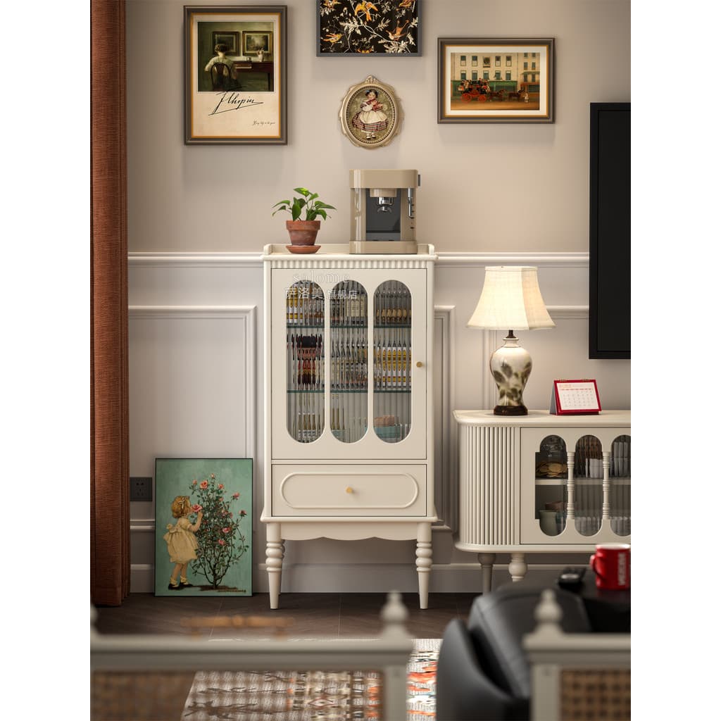 Armário lateral de madeira maciça branco estilo creme, armário de vinho, sala de estar francesa, armazenamento de parede
