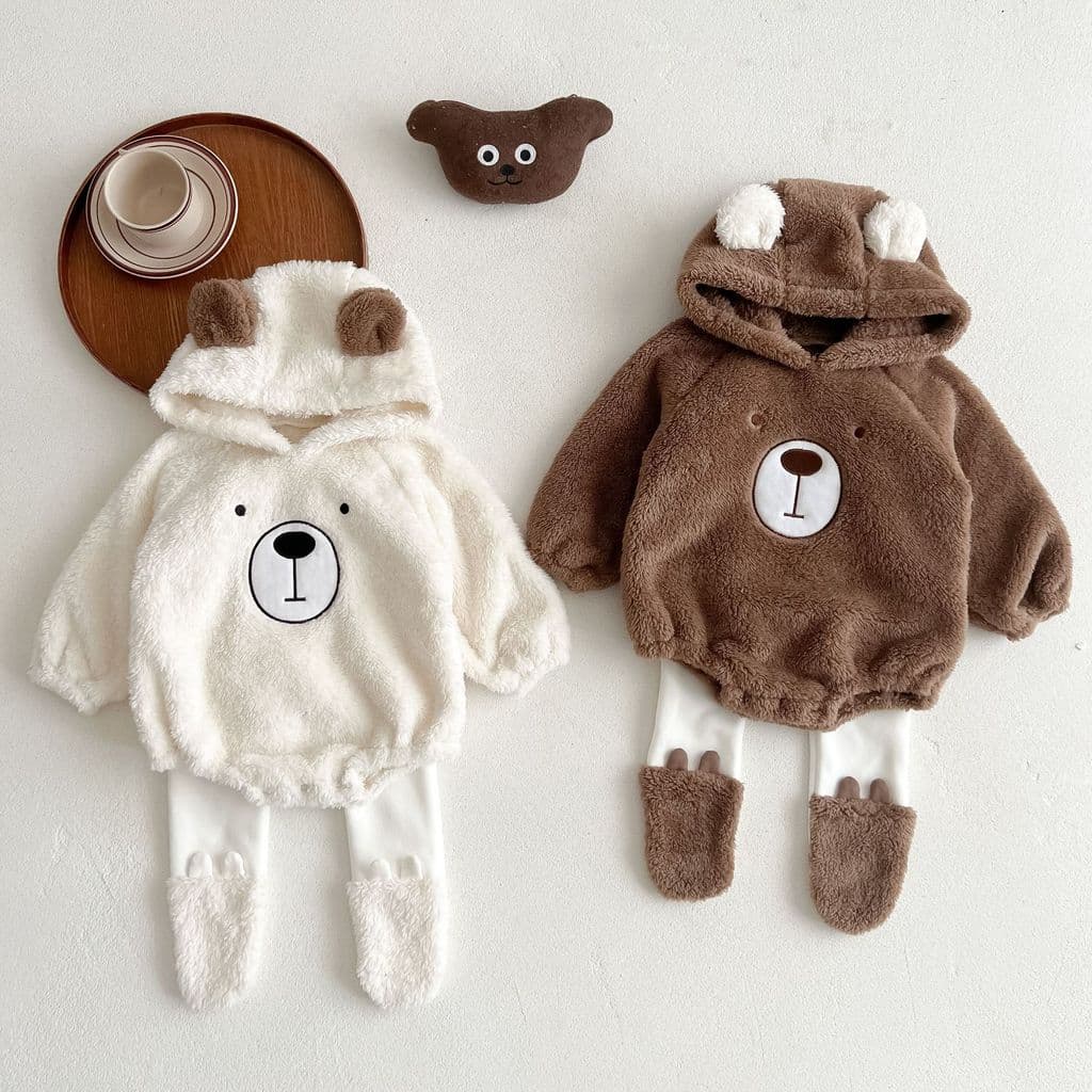 Ins roupas de bebê outono inverno bonito com capuz urso macacão bebê velo macacão quente bebê macacão 3