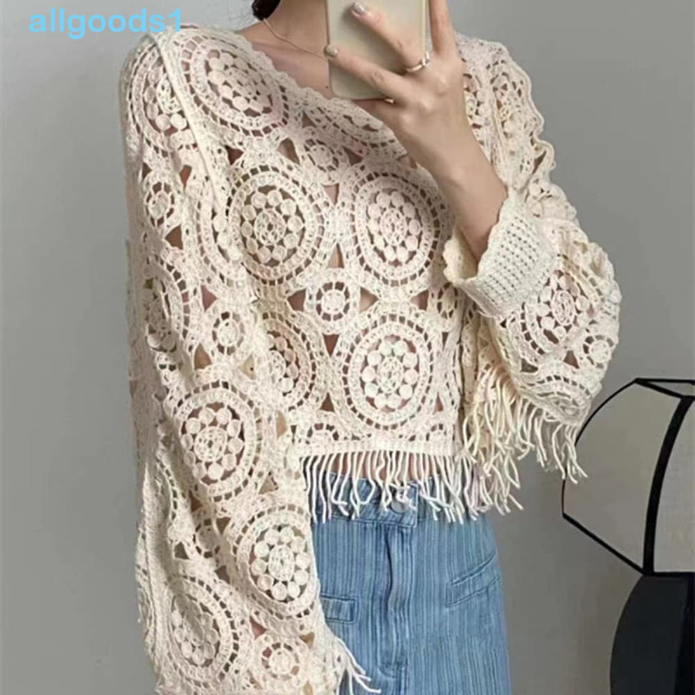 Blusas Vazadas De Malha Com Borlas ALLGOODS , Camisa Solta Floral Transparente , Estilo Étnico