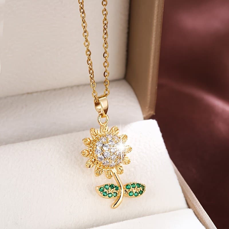 Colar de moda luxuosa para mulheres com um pendente de girassol rotativo feito de aço inoxidável e zircônia.