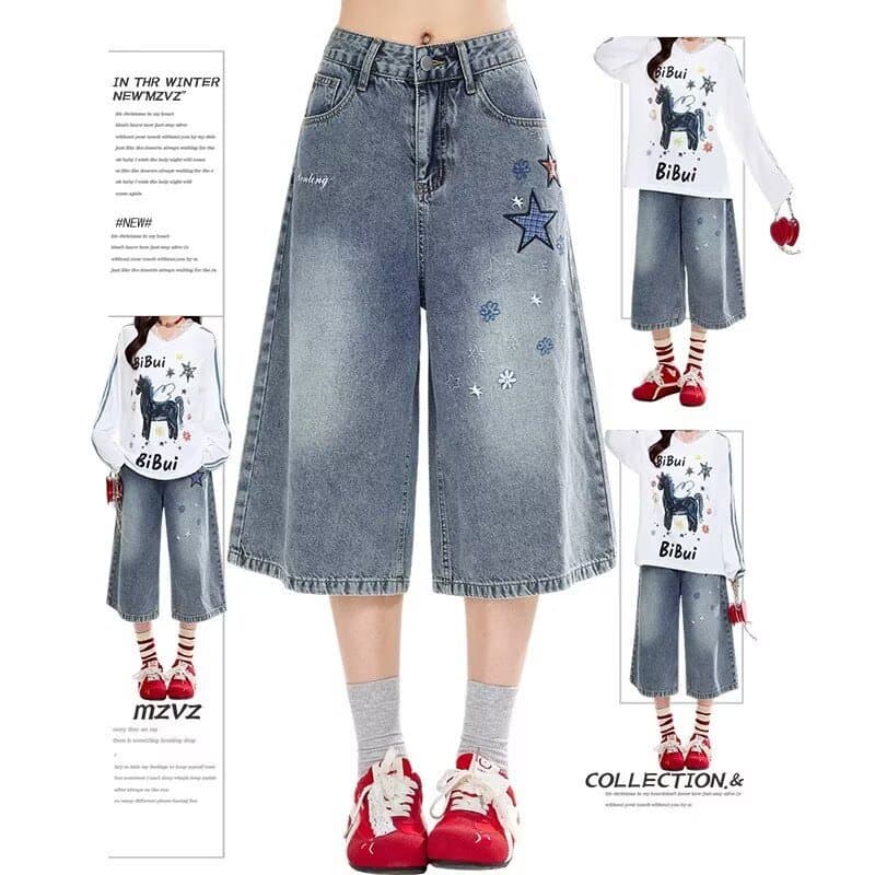 Calça Jeans reta desgastada, calça média feminina, cintura alta, estampa estrela, solta, perna larga, cortada, masculina