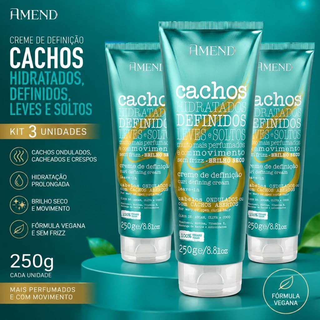 KIT 3 UNIDADES - AMEND CACHOS LEAVE-IN CABELOS ONDULADOS OU COM CACHOS ABERTOS 250G