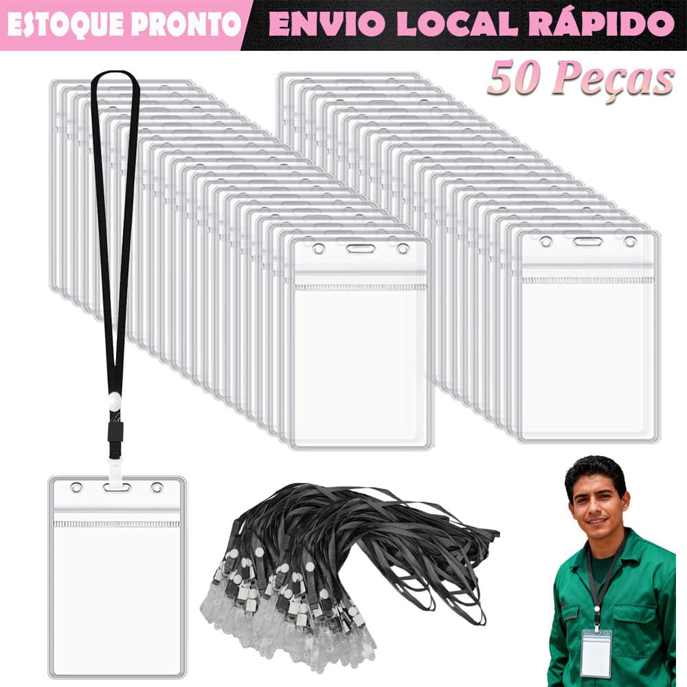 50 pçs porta-crachás de identificação com preto cordão porta-crachás de plástico selável à prova d'água Vertical padrão
