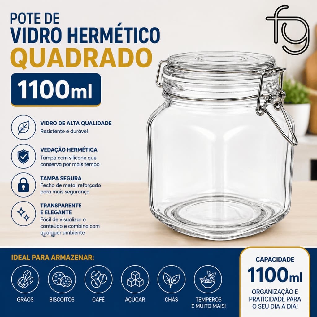 Pote de Vidro Hermético Quadrado 1100ml - Flux / Cozinha Mantimentos Alimentos Organização