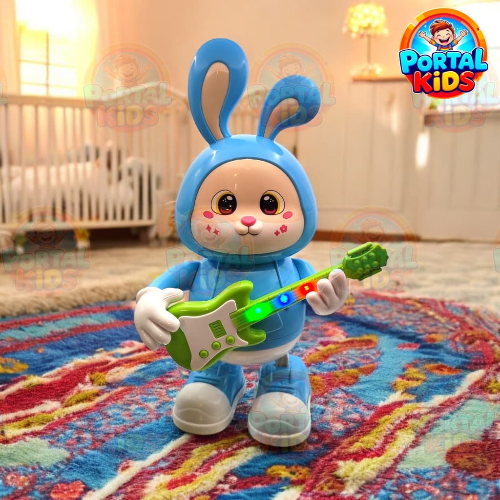 Coelho Dançante Musical com Luzes Brinquedo Interativo Infantil Anda e Toca Guitarra