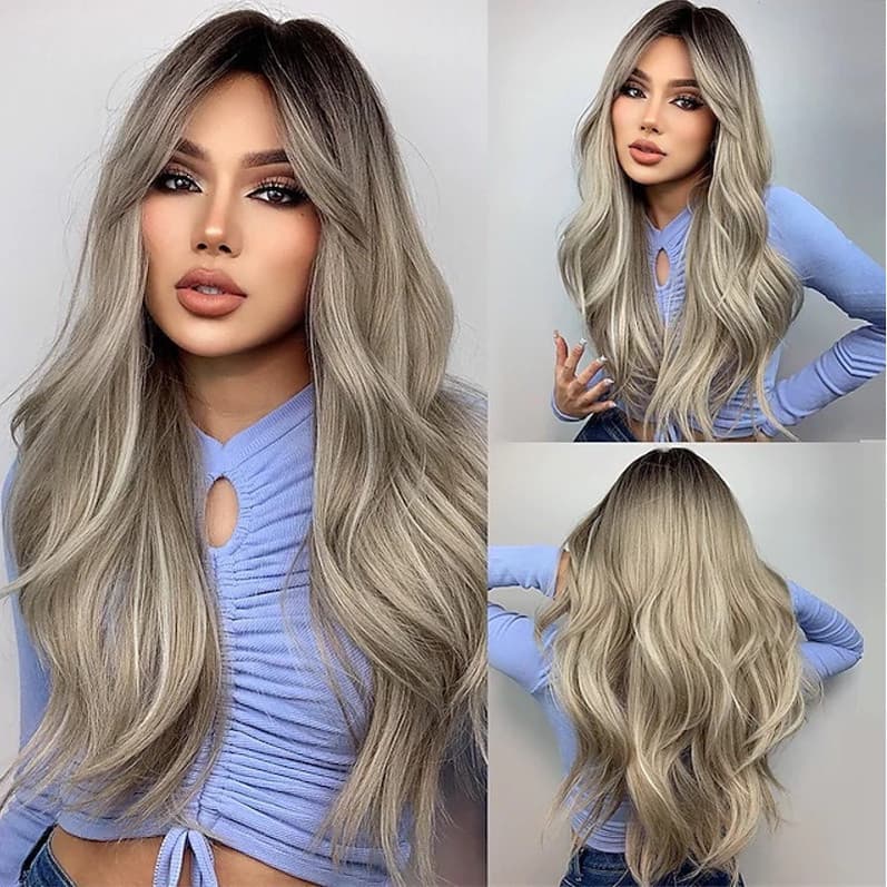 Peruca Sintética Ondulada Loira e Marrom com Franja para Mulheres Negras, Festa, Cosplay, Cabelo Natural para Uso Diário