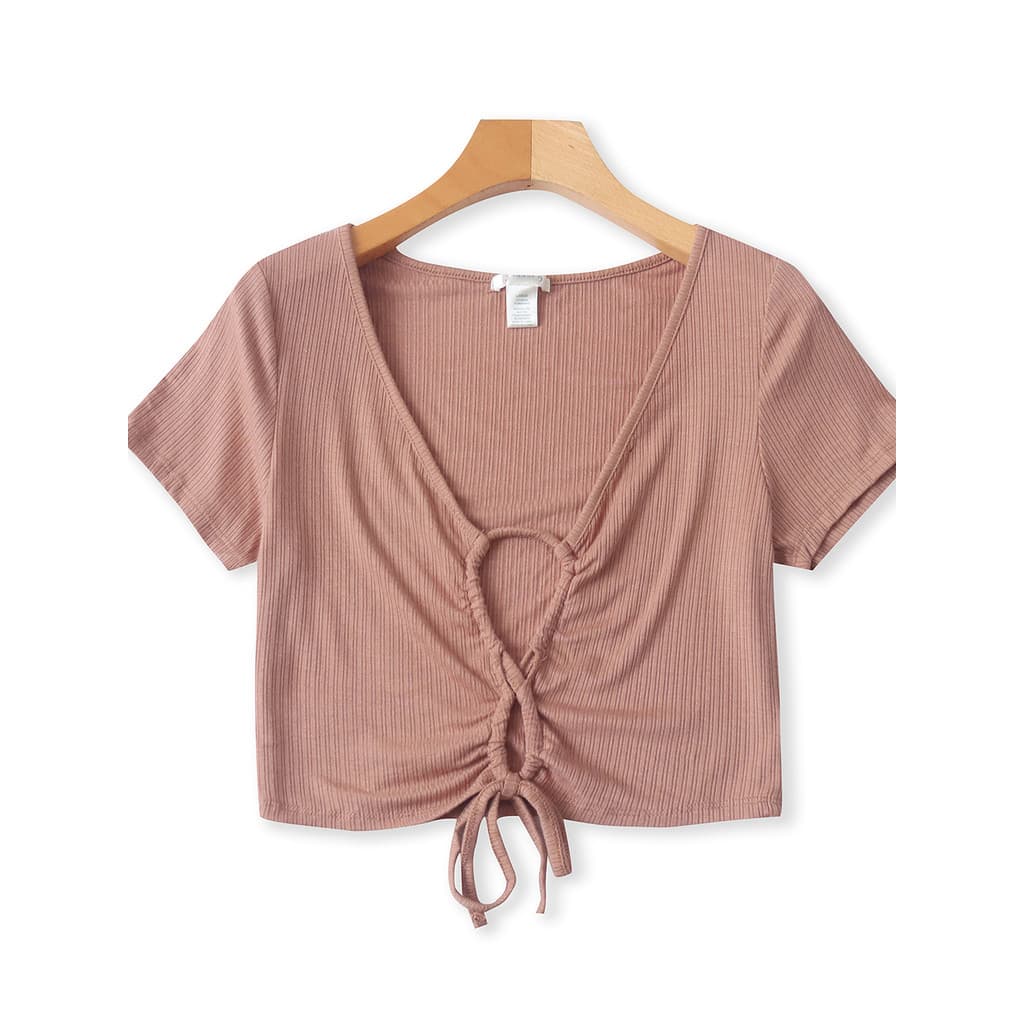 Verão novo estilo Pit padrão cordão de manga curta quente menina curto com decote em V manga curta pulôver camiseta S