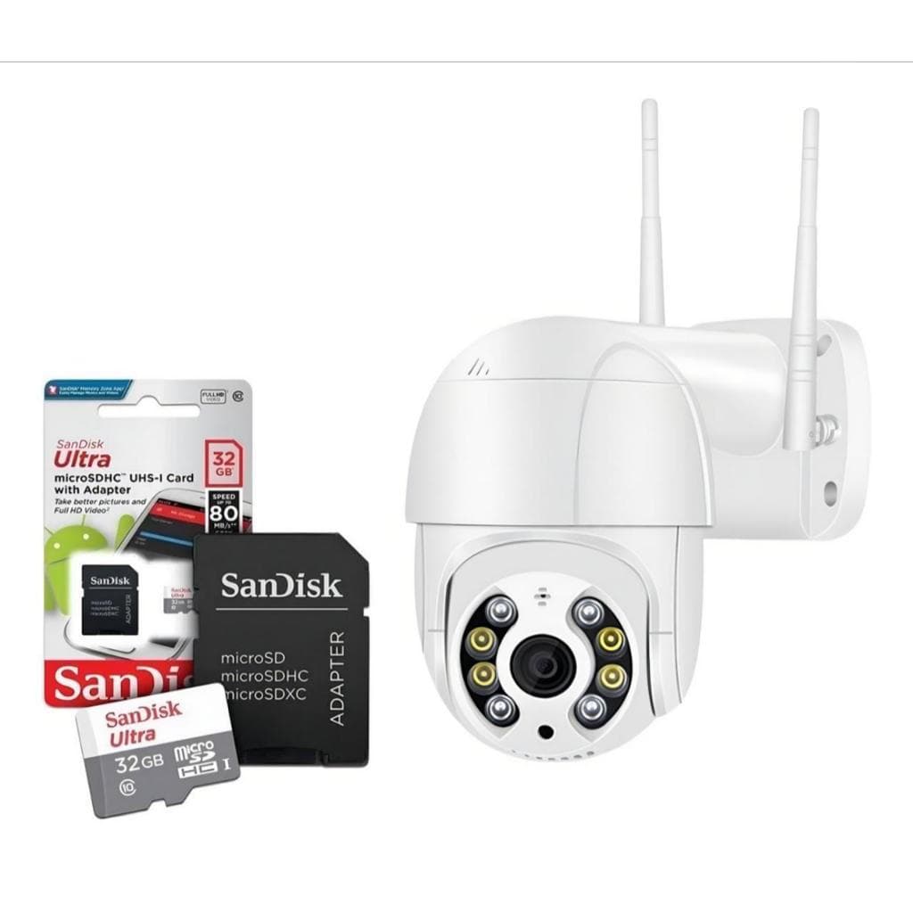 Câmera de Segurança WiFi Externa PTZ 1080P + SanDisk Visão Noturna Colorida, IP66 Prova D'água, Áudio 2 Vi