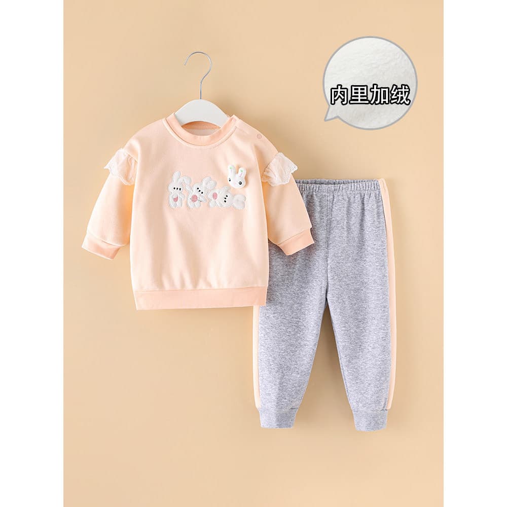Roupas de bebê outono inverno novo estilo conjunto de duas peças dividir bebê menina forro de lã moletom nove meses outo