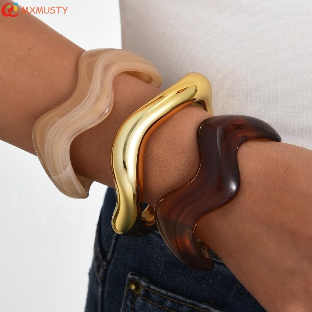 MXMUSTYZA 3 Unidades/Conjunto Pulseira Larga Aberta , Pulseiras Douradas Irregulares Onduladas Exageradas