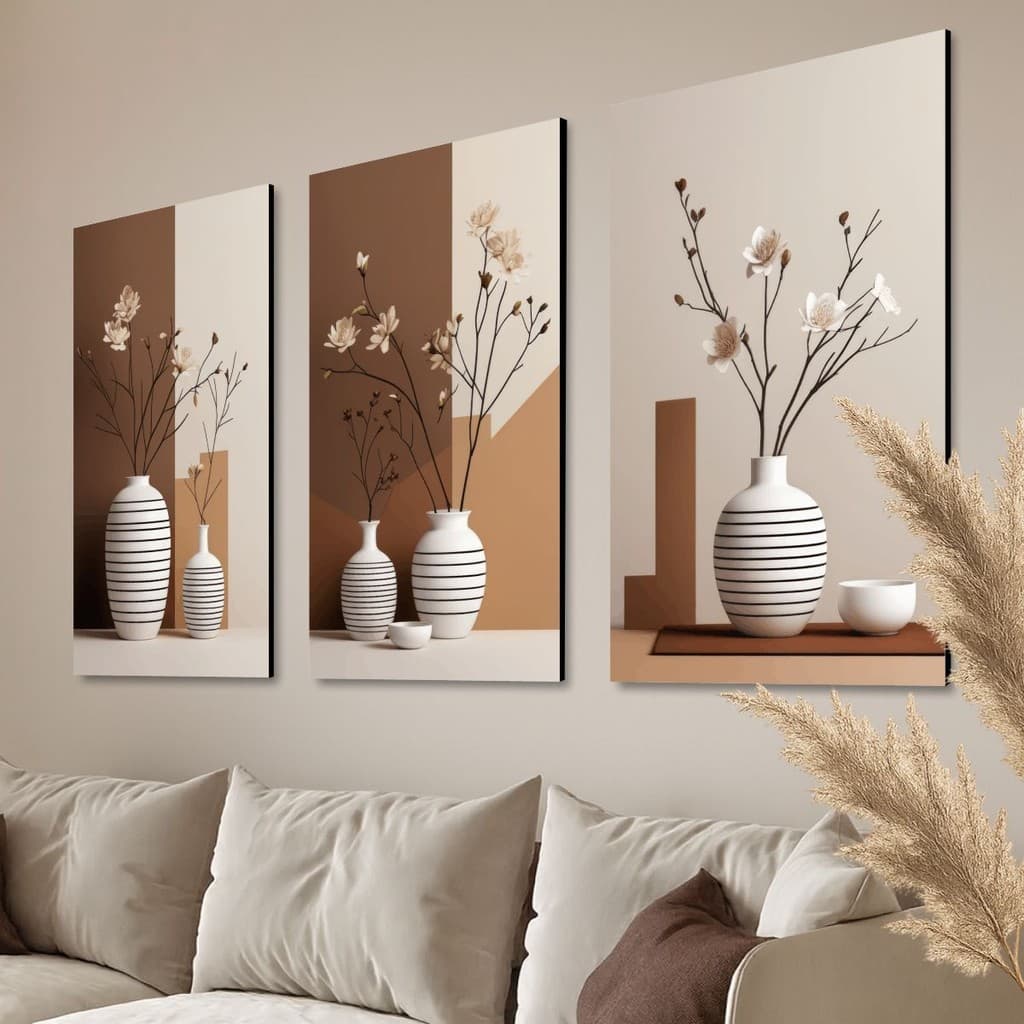 Trio de Quadros Vasos Brancos com Flores Secas, Arte Minimalista Boho para Sala Moderna