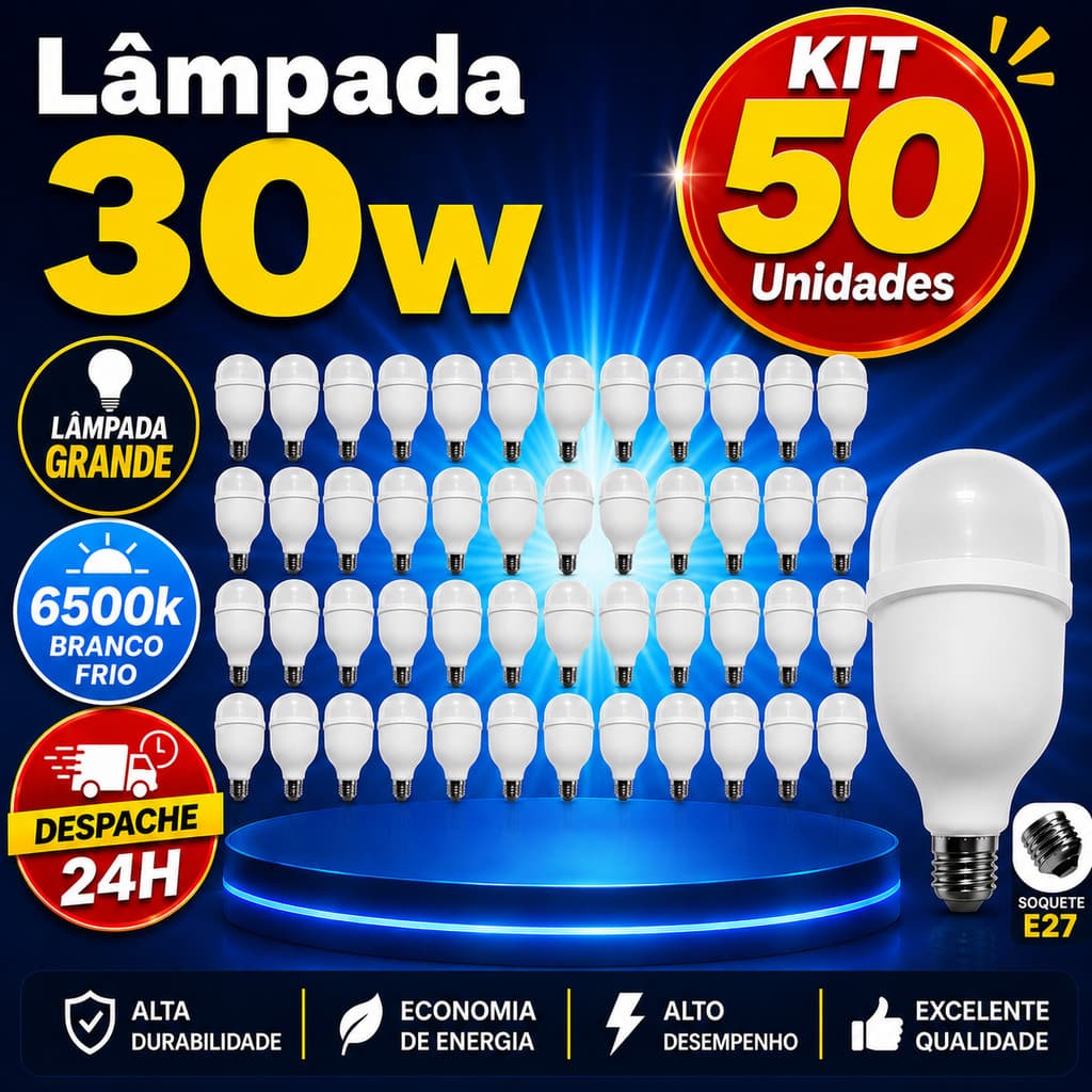 Kit 50 Unidades Lâmpadas Alta Potencia 30w 6500K Super Bulbo Forte Luz Branca 110v/220v Bivolt