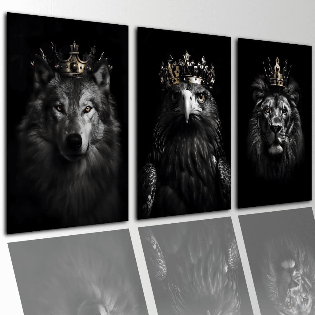 Quadros Decorativos Leão Lobo Águia Com Coroa Dourada Sala Quarto